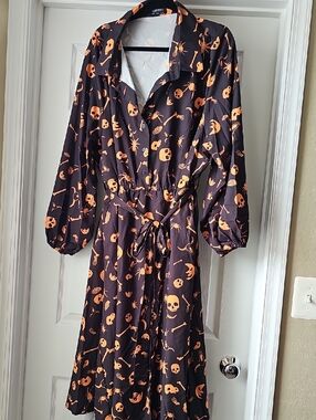 BloomChic Black Long Sleeve Shirt Dress with Orange Skull Print